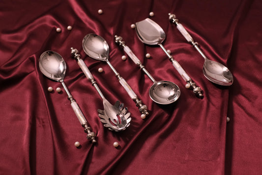 Cream Silver Round Marble Serving Set
