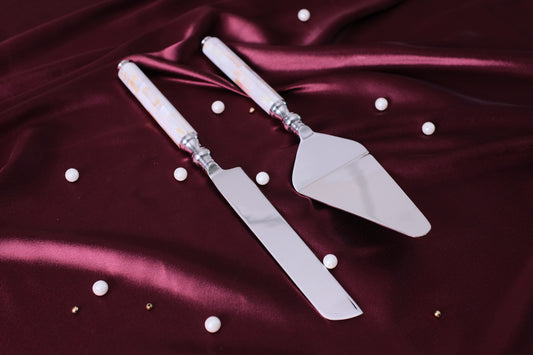 Cream Silver Round Marble Cake Set