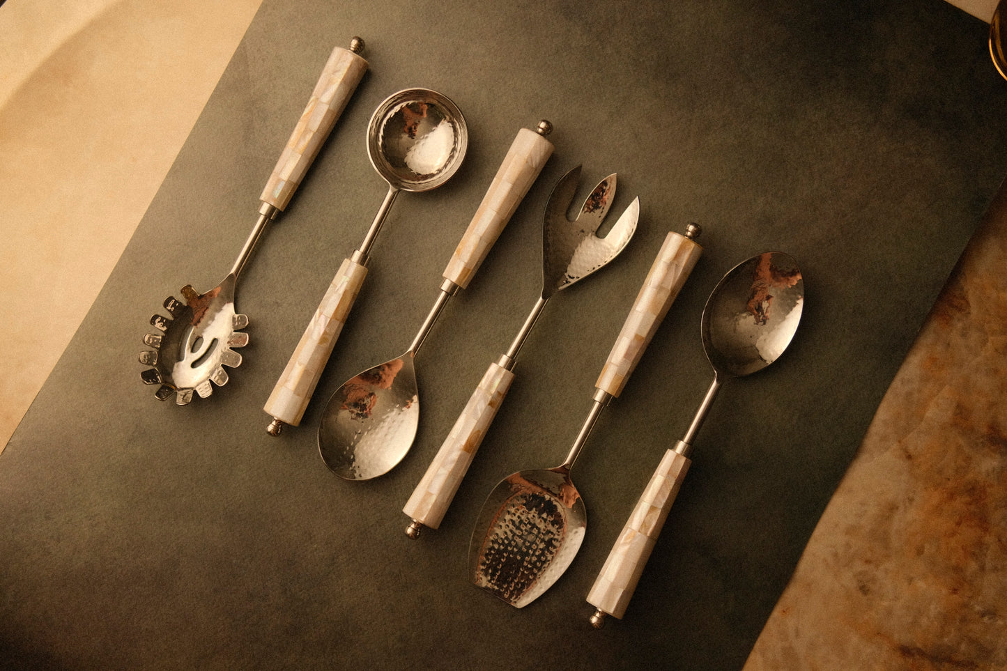 Cream Silver Marble Drop Serving Set