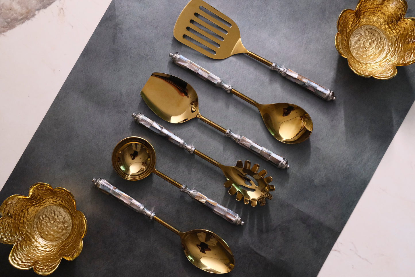 Grey Gold Round Marble Serving Set